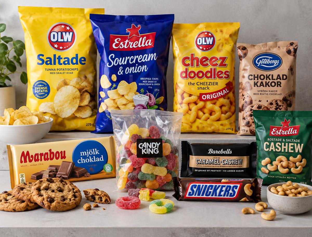 Chips, kakor, lösgodis, choklad och bars på en hylla