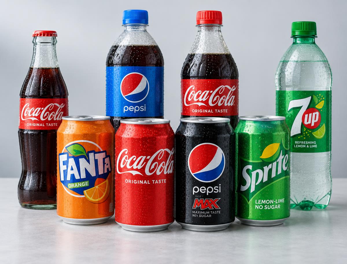 Kyld Coca-Cola, Pepsi och andra läskdrycker på en hylla